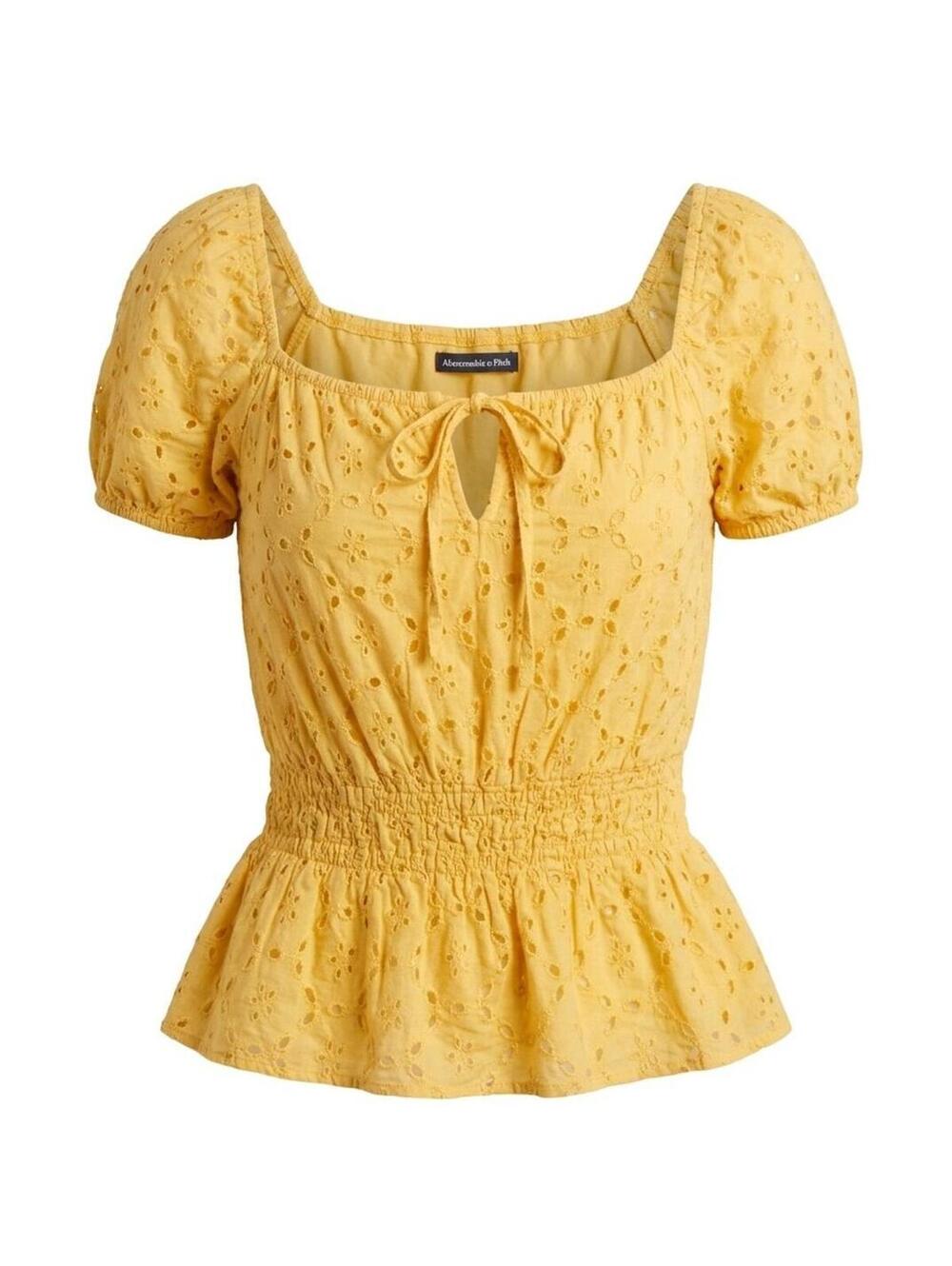 Abercrombie & Fitch Babydoll Top Yellow Eyelet Blouse Women Large NWOT